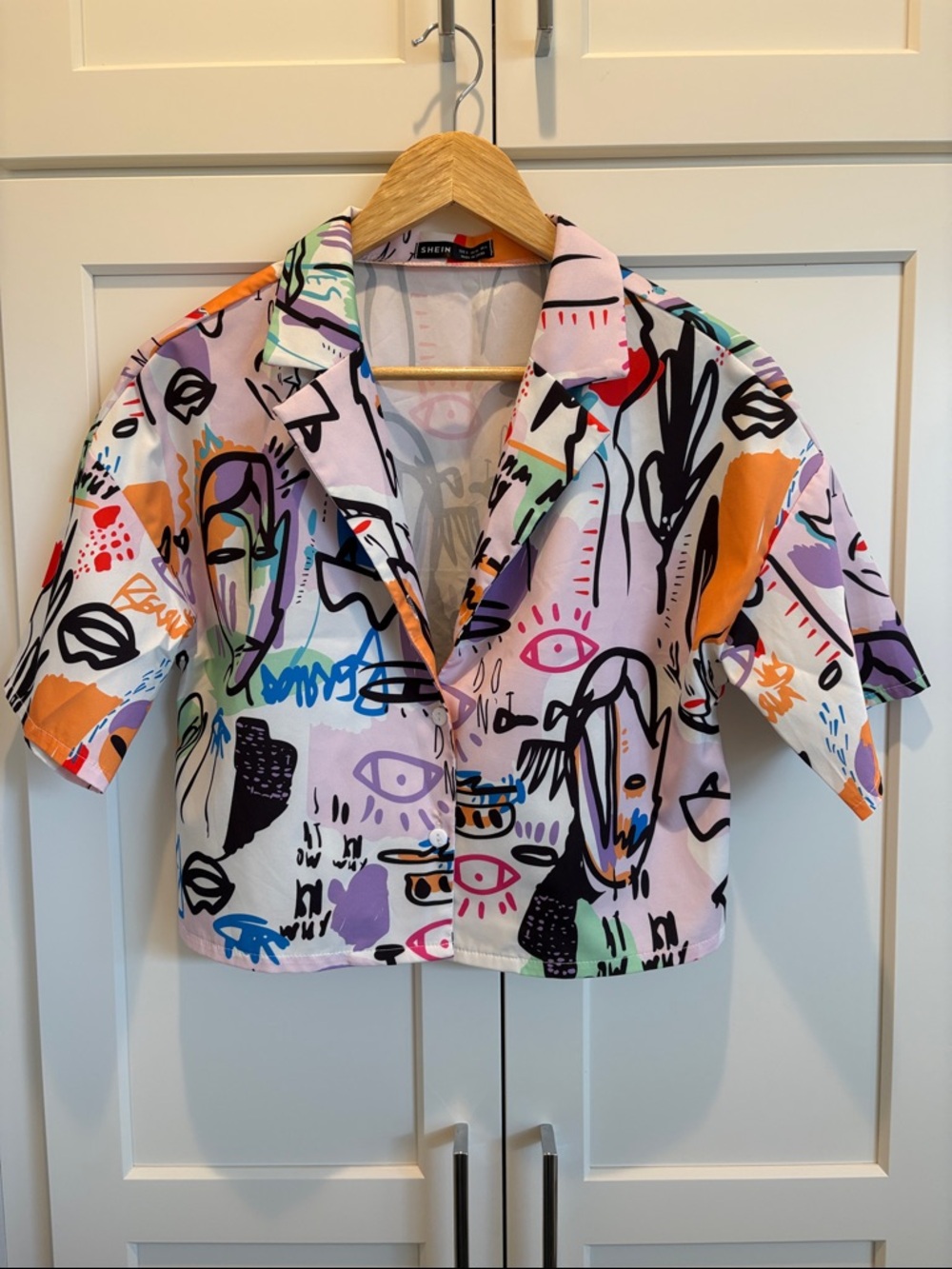 SHEIN Multi-Color Abstract Graphic cropped button up top
